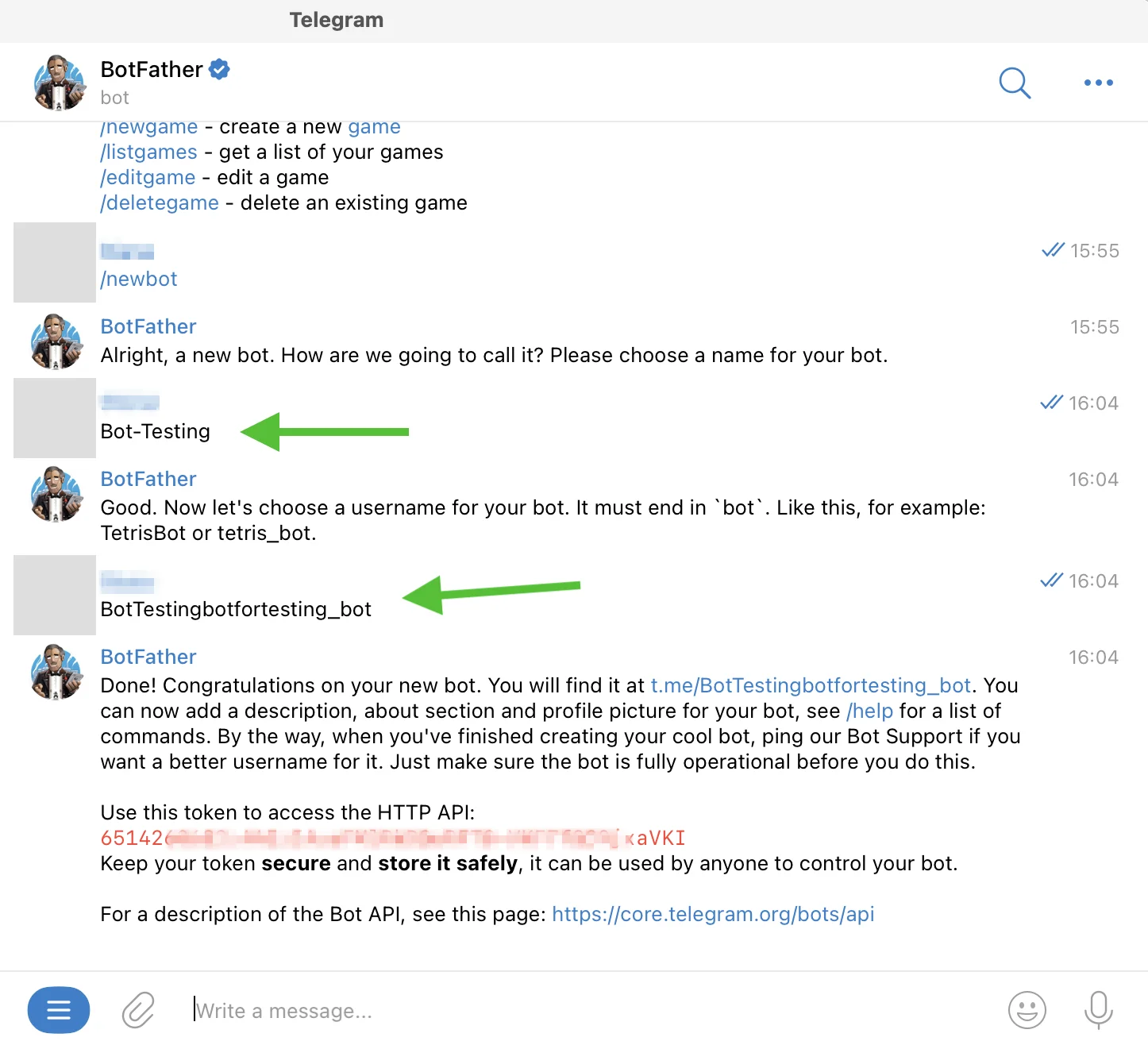 Ввод имени и username нового бота в BotFather