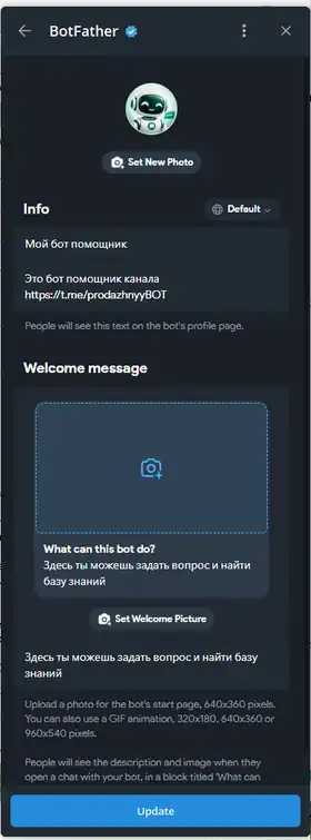 Заполненный Welcome message в BotFather